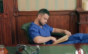 XXX gay doctor man masterbating right on the work-table