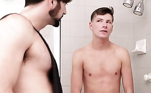 Three young step brothers fuck in family shower